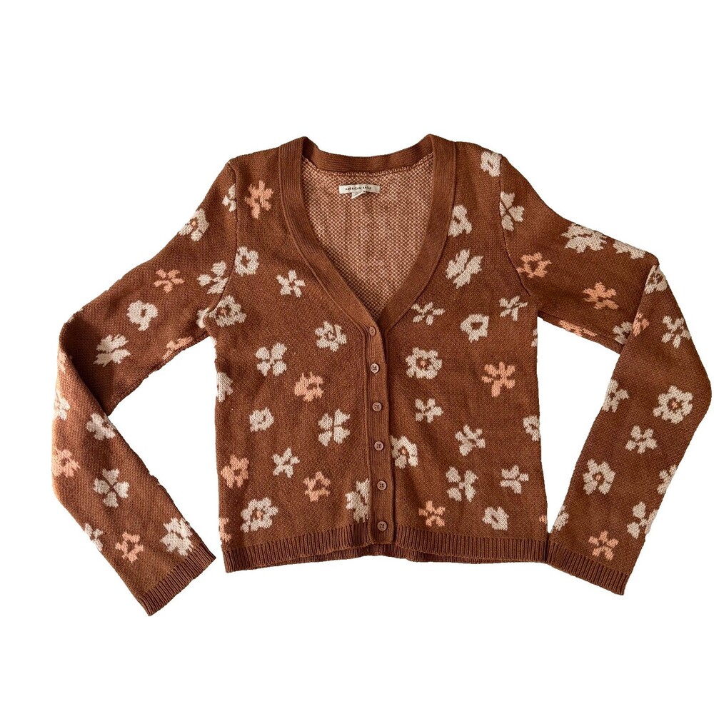 American Eagle Womens S Brown Floral Cropped Cardigan Sweater Button Boho Fall
